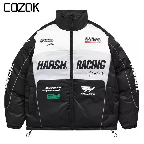 

men's jackets hip hop racing parkas men high street patchwork letter print motorcycle padded jacket y2k oversize warm bubble puffer coa, Black;brown