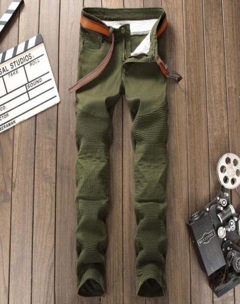 

men039s jeans biker army green skinny slim fit patchwork stretch denim moto pants 711928085473, Blue