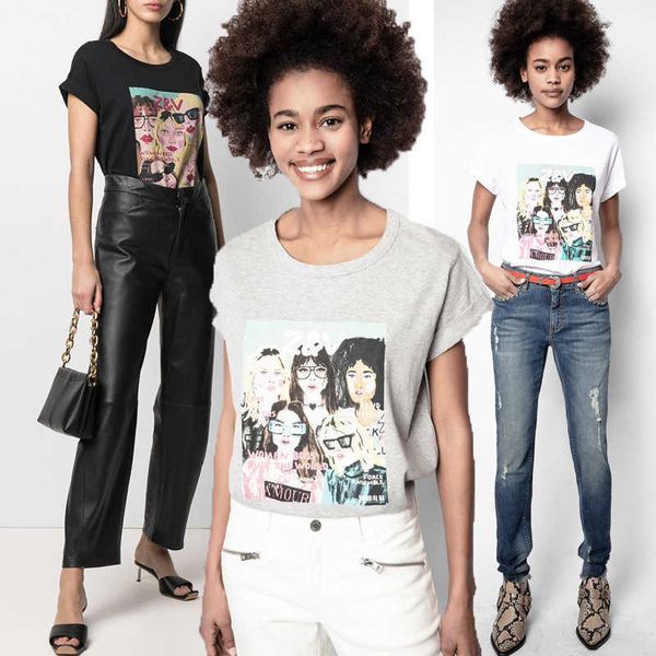 

zadig voltaire 23ss designer t shirt zv women's t-shirts five person image print roll sleeve short sleeve t-shirt for women, White