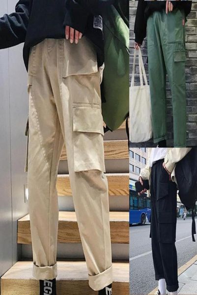 

vintage men solid color multi pockets long sports trousers straight cargo pants8376987, Black
