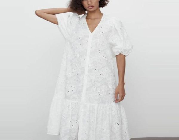 

white openwork embroidered eyelet midi dress women puff sleeve ruffle hem party dresses female cotton summer vestidos 2105183971837, Black;gray