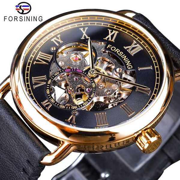 

forsining classic black golden openwork watches skeleton mens mechanical wristwatches brand luxury black genuine leather351k, Slivery;brown