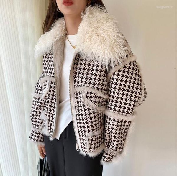 

women039s trench coats 2022 autumn winter faux lamb fur sheepskin coat plaid granular sheep shearing jacket female casual warm 9810395, Tan;black