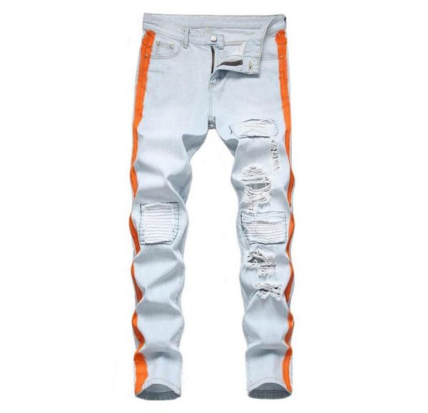 

mcikkny mens ripped holes jeans pants washed patchwork denim trousers male side painted8962086, Blue