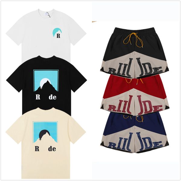 

rhude t shirt tshirt designer t shirts high street cotton light luxury couple loose vintage washed distressed doberman shark print embroider, White;black