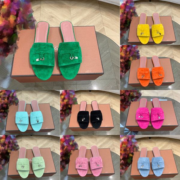 

lp summer charms sandal slipper casual shoes womens round toe loafers lambskin suede metal decor chic designer luxury loro pianan shoes buck, Black