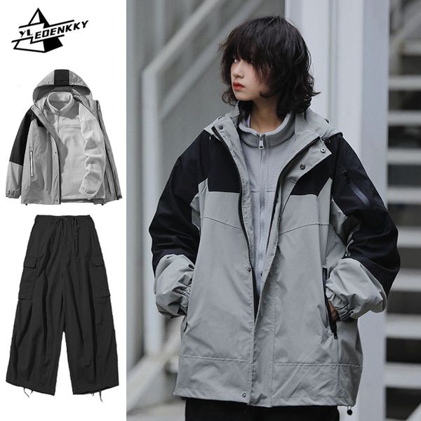 

men s tracksuits outdoor three piece set men women japanese casual hooded cargo jacket vintage warm fleece jacket multi pocket pants 230821, Gray