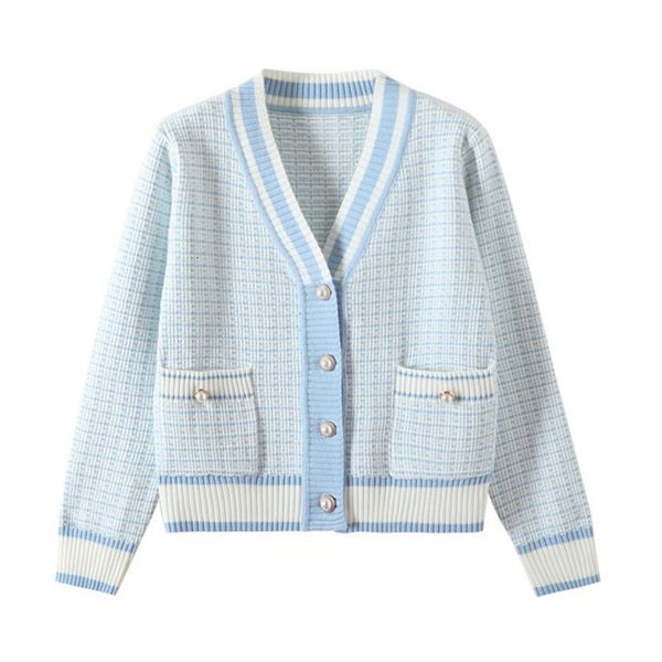 

womens knits tees korean fashion plaid short cardigan v neck knitted sweater coat female autumn winter casual vintag knitwear 230818, White