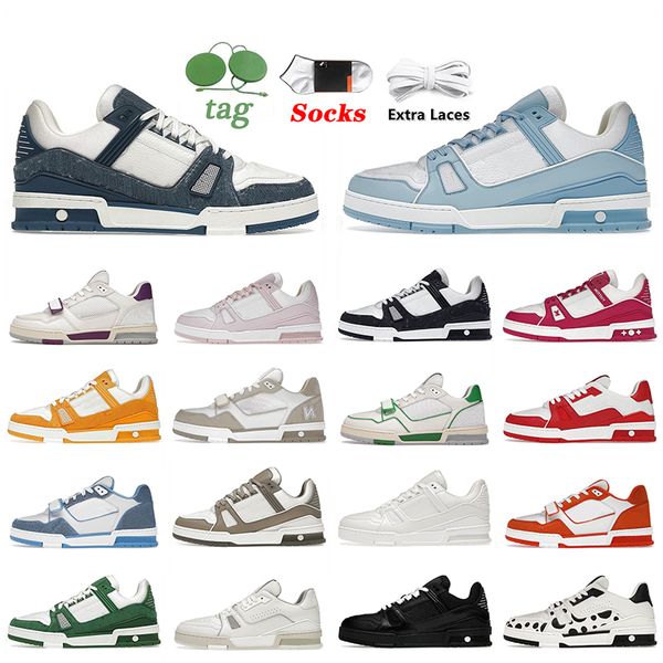 

luxury designer women mens casual shoes pink monograms brand denim blue virgil embossed abloh white black calfskin leather trainer platform