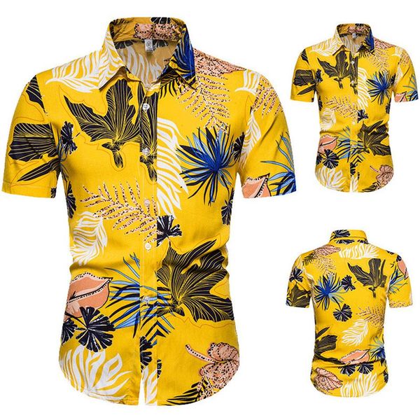 

2020 summer yellow hawaiian shirt mens leaf print short sleeve cotton men casual slim fit shirts chemise homme camisa masculina229e, White;black