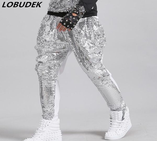 

tide male silver sequins harem pants bar stage singer dancer hip hop rock performance casual loose trousers trouper street dance s6544878, Black