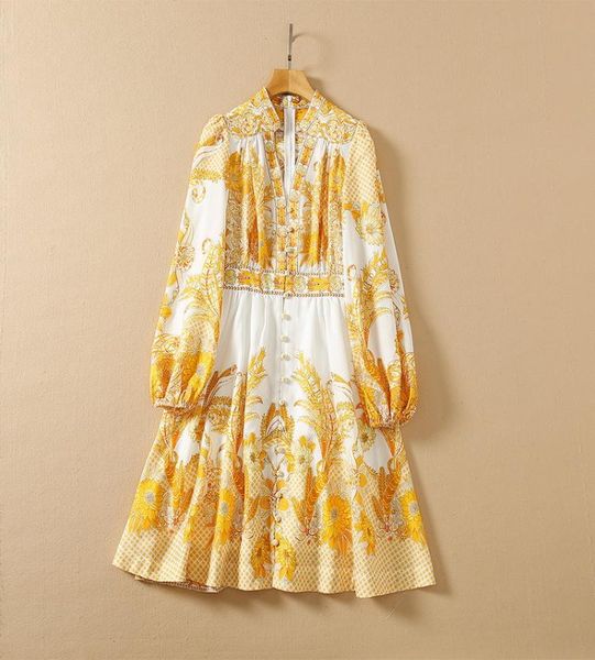 

european and american women039s wear spring 2022 new long sleeve stand collar with court print fashion cotton and linen dress1555669, Black;gray