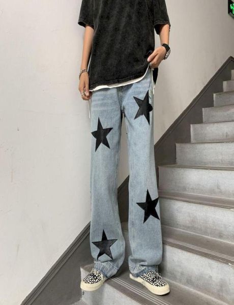 

men039s jeans hiphop male star print loose wideleg trousers american streetwear straight pants baggy high waist y2k men women7155362, Blue