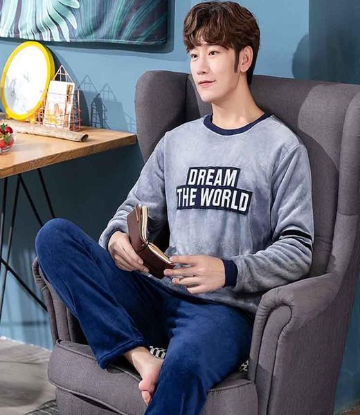 

autumn winter warm men039s pajama sets flannel thicken male pajamas letter print christmas pijamas men sleepwear pant pyja1853822, Black;brown