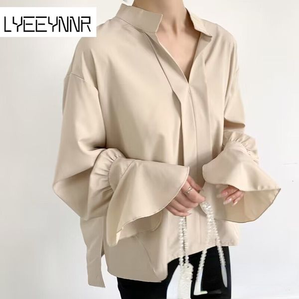 

women's jackets lyeeynnr temperament blouse women office lady solid colo simple shirts female flare sleeve fashion blusas mujer 230821, Black;brown