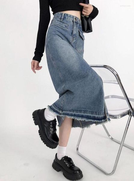 

skirts fashion women denim skirt 2023 autumn winter high waist side slit jean midcalf female solid color casual aline bottoms5476064, Black