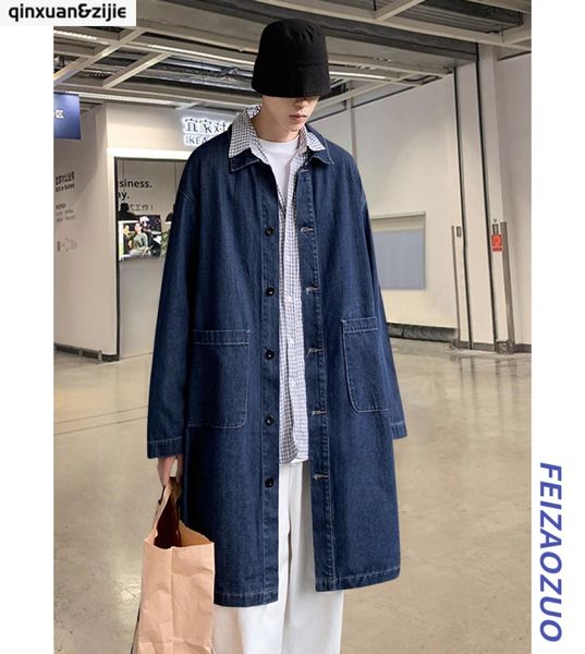 

men039s trench coats casual men long denim jacket single breasted pockets windbreaker mens loose plus size blue coat autumn fas3853933, Tan;black