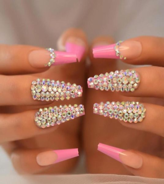 

false nails rhinestones nail press ons extra long coffin 3d designed fake jewel luxury rosy nude royalty tips2209537, Red;gold