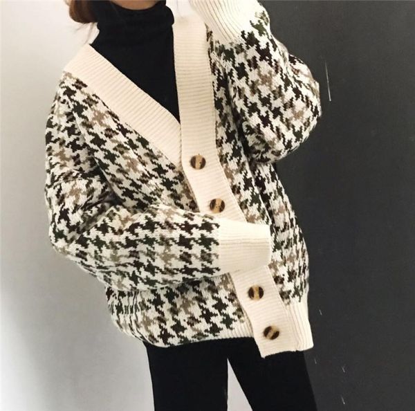 

loose plaid cardigan oversized sweater womens spring and autumn coat korean long sleeve sweater spring new y2001064166047, White;black