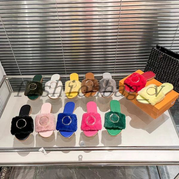 

designer slippers women plush flat sole sandals metal buckle decorative slide thin sole muller slipper rubber sole ladies indoor slide, Black