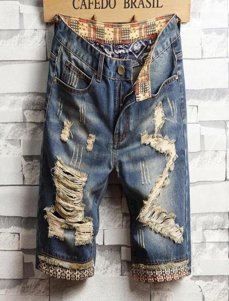 

unique mens ripped denim shorts vintage fashion designer washed knee length jeans 2019 scratched hip hop short pants trousers 7802875321, Blue