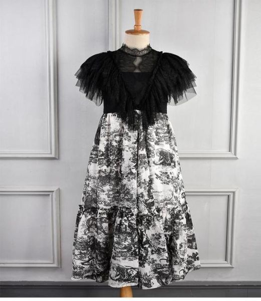 

milan runway dress 2019 vintage black lace ruffles ink animal print long women dress designer vestidos de festa yy493427251
