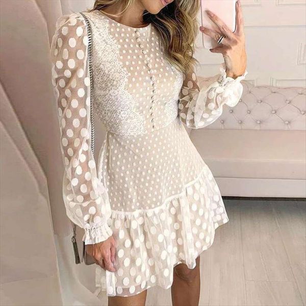 

womens white polka dot patched lace fashioned round collar long sleeved medium dress, Black;gray