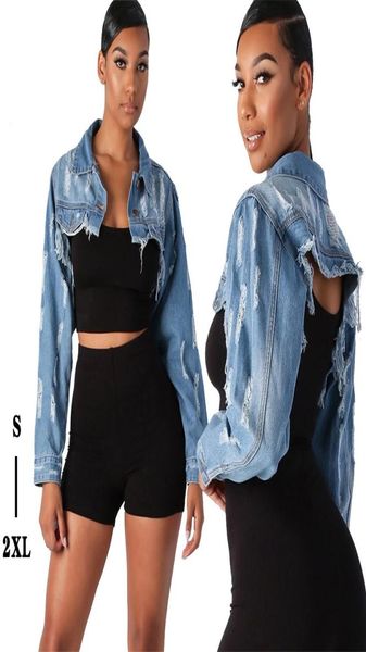 

women tassel ripped cropped denim jacket autumn hole long sleeve denim jacket streetwear short denim coat female outwear7362561, Black;brown