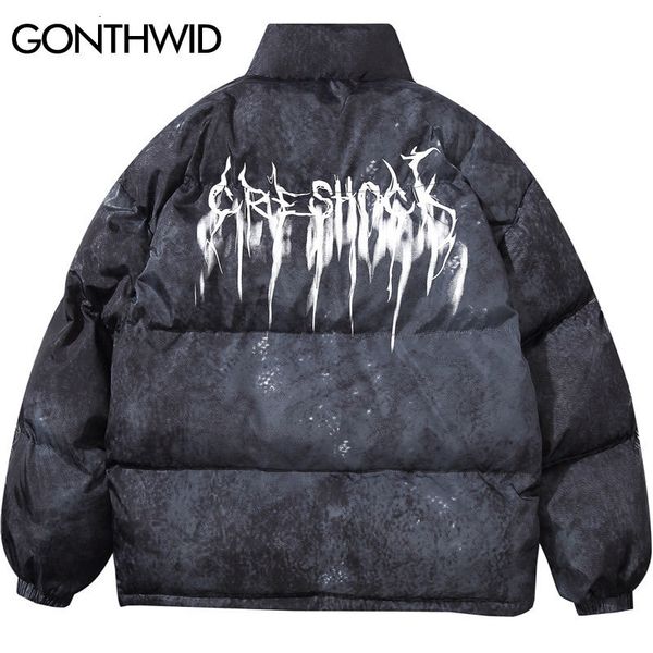 

men's jackets gonthwid graffiti ink tie dye print cotton padded puffer parka jackets streetwear hip hop winter casual punk rock parkas, Black;brown