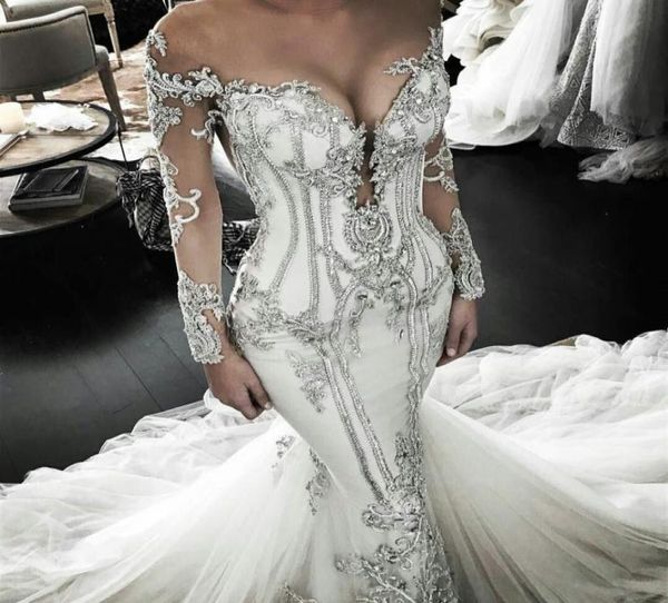 

2018 long sleeve mermaid wedding dresses bling crystal beaded luxury plus size bridal dress sweep train sheer jewel neck vestido d2334335, White