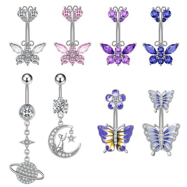 

luxury zircon butterfly pendant petal navel piercing bell button rings navel body belly piercing body jewelry for women, Silver