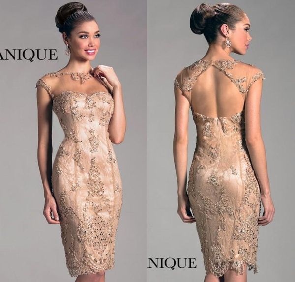 

2019 champagne knee length lace beads mother of the bride dresses sheath sheer neck cap sleeve women evening formal wear party6653847, Black;red