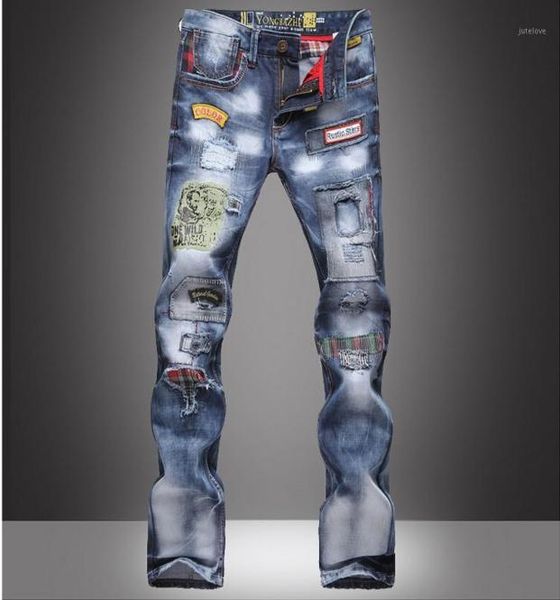 

men039s jeans whole2021 style hole patch beggars slim pants men men039s large size fashion trousers 803719711324, Blue