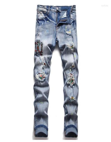

men039s jeans ripped hip hop holes casual pants washed streetwear harakuju denim trousers for male slim fit embroidery7301907, Blue