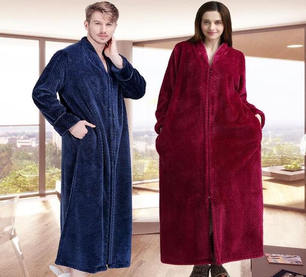 

women men extra long winter warm bathrobe plus size pregnant zipper bath robe luxury soft grid flannel thermal dressing gown women4417460, Black;red