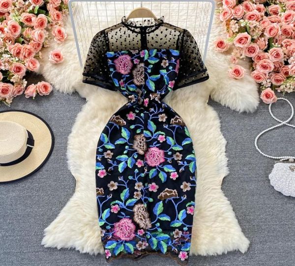 

vinatge runway embroidery floral dress women polka dot short sleeve stand elegant luxury flower evening party bodycon vestidos 2027352580, White;black