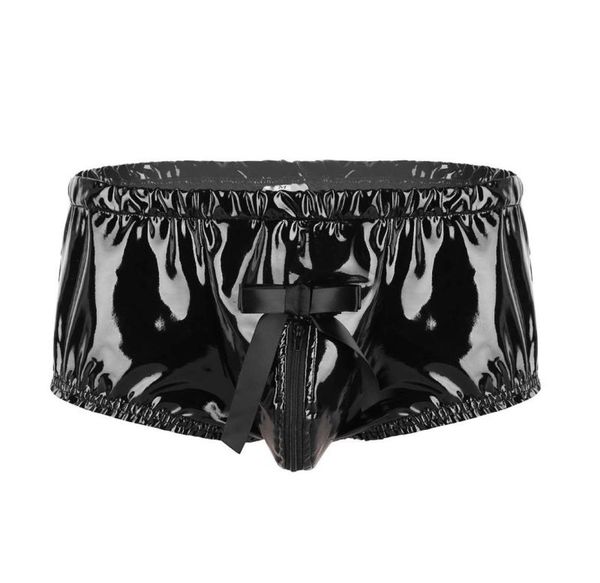 

underpants mens exotic lingerie patent leather underwear wet look zippered bulge pouch back frilly ruffled high cut low rise brief1928384, Black;white