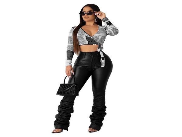 

women plus size pu leather pants stacked leggings fall clothes elastic high waisted club ruched trousers streetwear4363074, Black;white