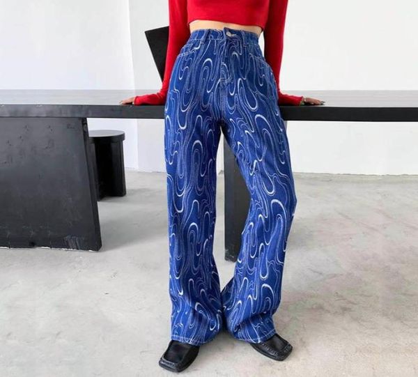 

women039s jeans women harajuku streetwear geometric pattern printing loose high waist denim straight wide leg pants cowboy trou7691801490, Blue