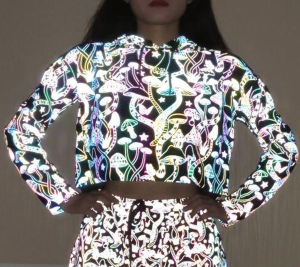 

glowing hip pop streetwear mushroom pattern women pullover reflective hoodies long sleeve casual sweatshirt night shiny crop y9083501, Black