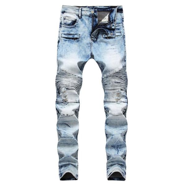 

fashionmen039s distressed ripped skinny jeans fashion designer mens jeans slim motorcycle moto biker causal mens denim pants hi8906879, Blue