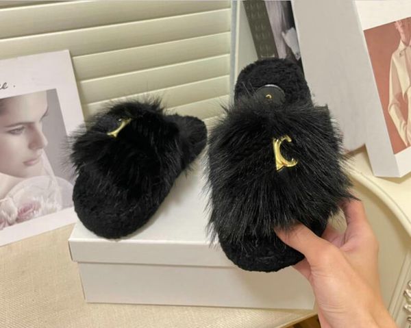 

fashion women's girl paris designer woolen slippers luxury sandals flat woolens shoes outdoor non slip rubber beach alphabet straight c, Black