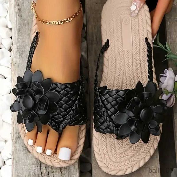 

sandals women's flower flat flip woman sandals ladies slippers style braided band open toe shoes casual non slip slides r230821, Black