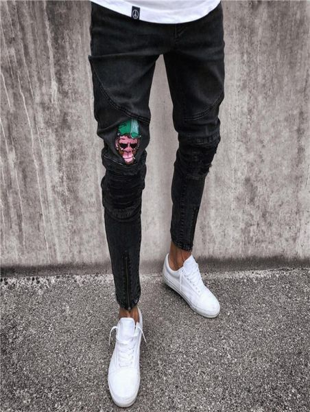 

2020 new fashion men jeans slim biker zipper denim jeans skinny frayed casual pants distressed rip trousers male drop 8223849, Blue