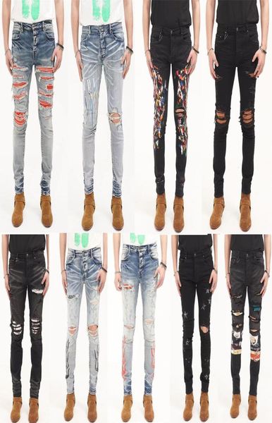 

2021 mens jeans high street tide brand dirty yellow mud wash water hole patch slim fit1071938, Blue