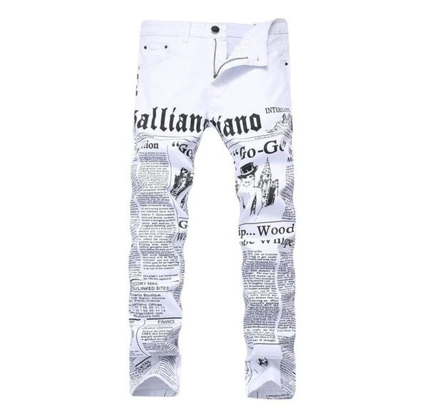 

men autumn hip hop denim jeans classic spaper letter printed casual slim cowboys trousers man young fashion white6078708, Blue