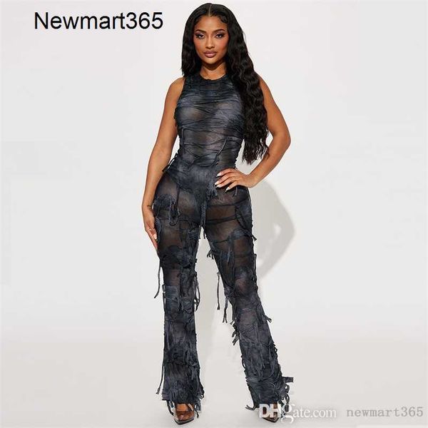 

womens jumpsuits designer 2023 new fashion tie dyed tight sleeveless tassel elastic rompers 2 colours, Black;white
