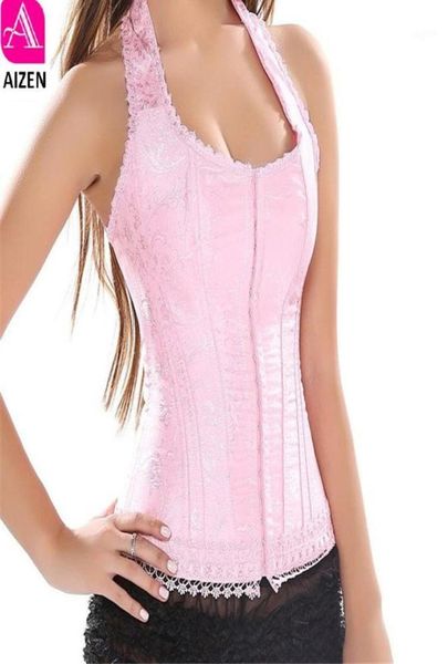 

aizne pink halter corset lace flower print overbust corset vest and bustier brocade gothic shaper lingerie women14178596, Black;white
