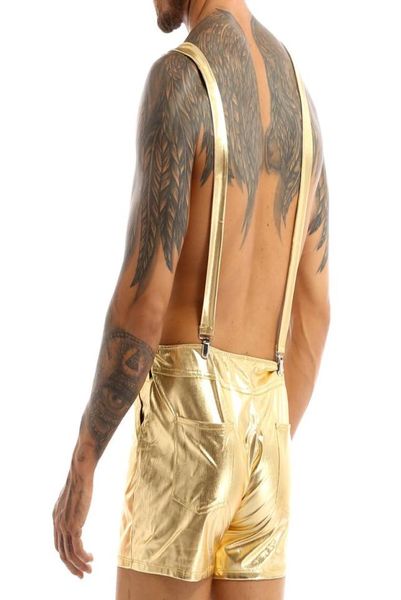 

iefiel mens moto fashion shorts shiny metallic adjustable shoulder straps holographic overall suspender festival costumes men0399550741, White;black