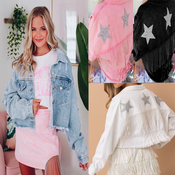 

women s jackets fashion denim jacket women tassels diamond five pointed star casual fringed jean streetwear style 230818, Black;brown
